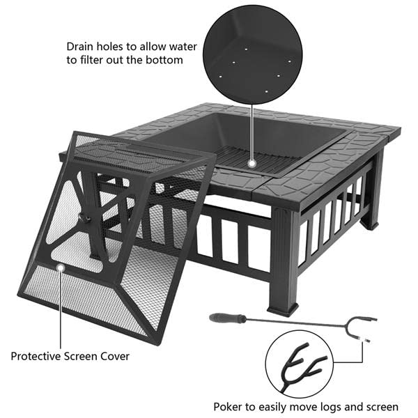 32 Inch Wood Burning Metal Fire Pit with Spark Screen and Poker I91520
