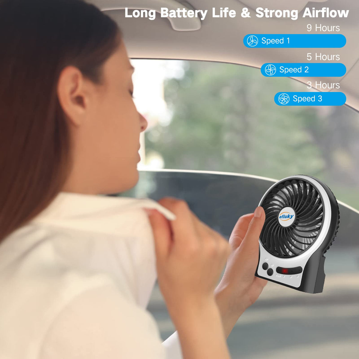 4.9-Inch Mini Desk Fan, 3 Speeds, Rechargeable USB Powered with LED Light, Black I730744