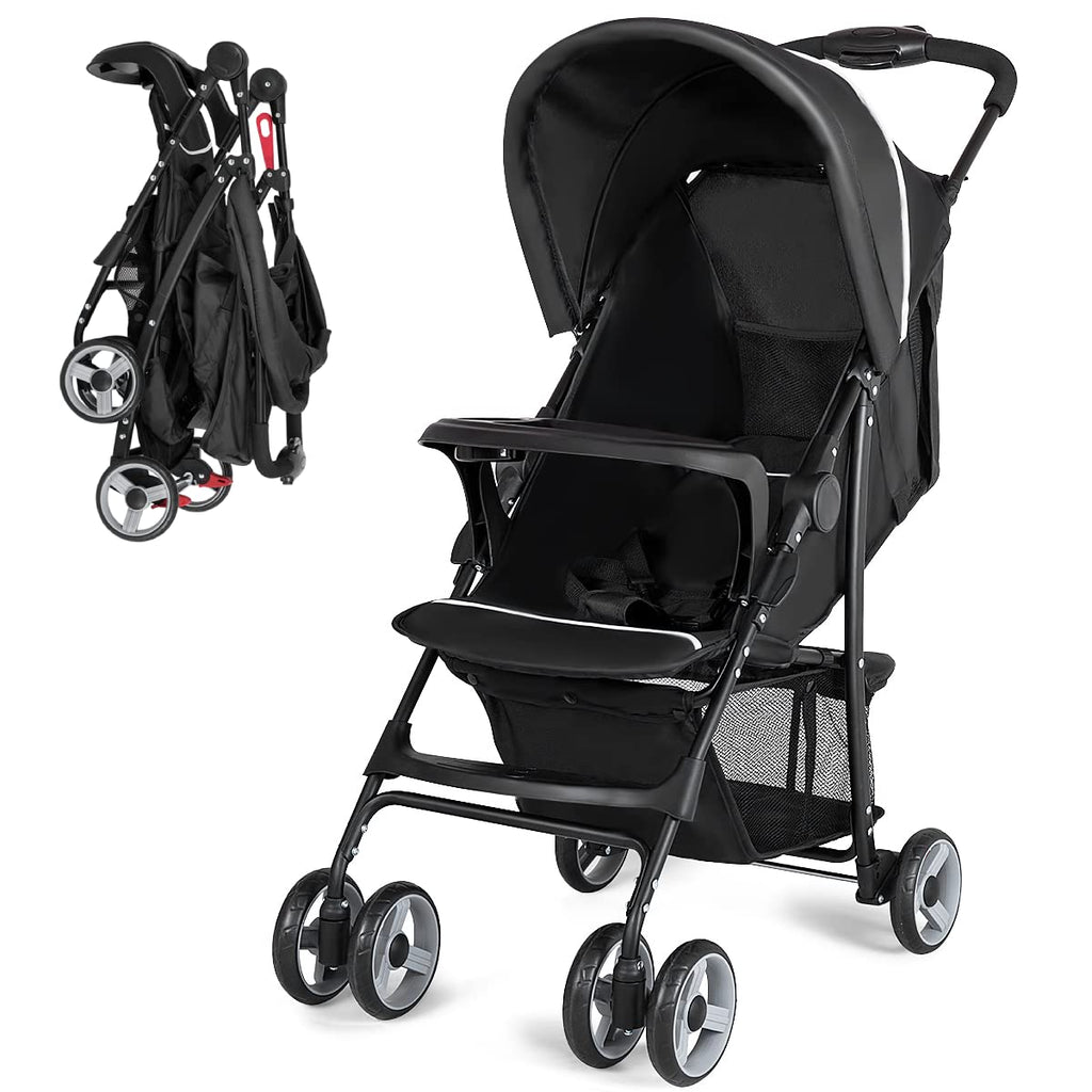 Lightweight Compact Toddler Travel Stroller with Canopy, 5-Point Harness, Storage Basket, One-Hand Fold, Black Y331