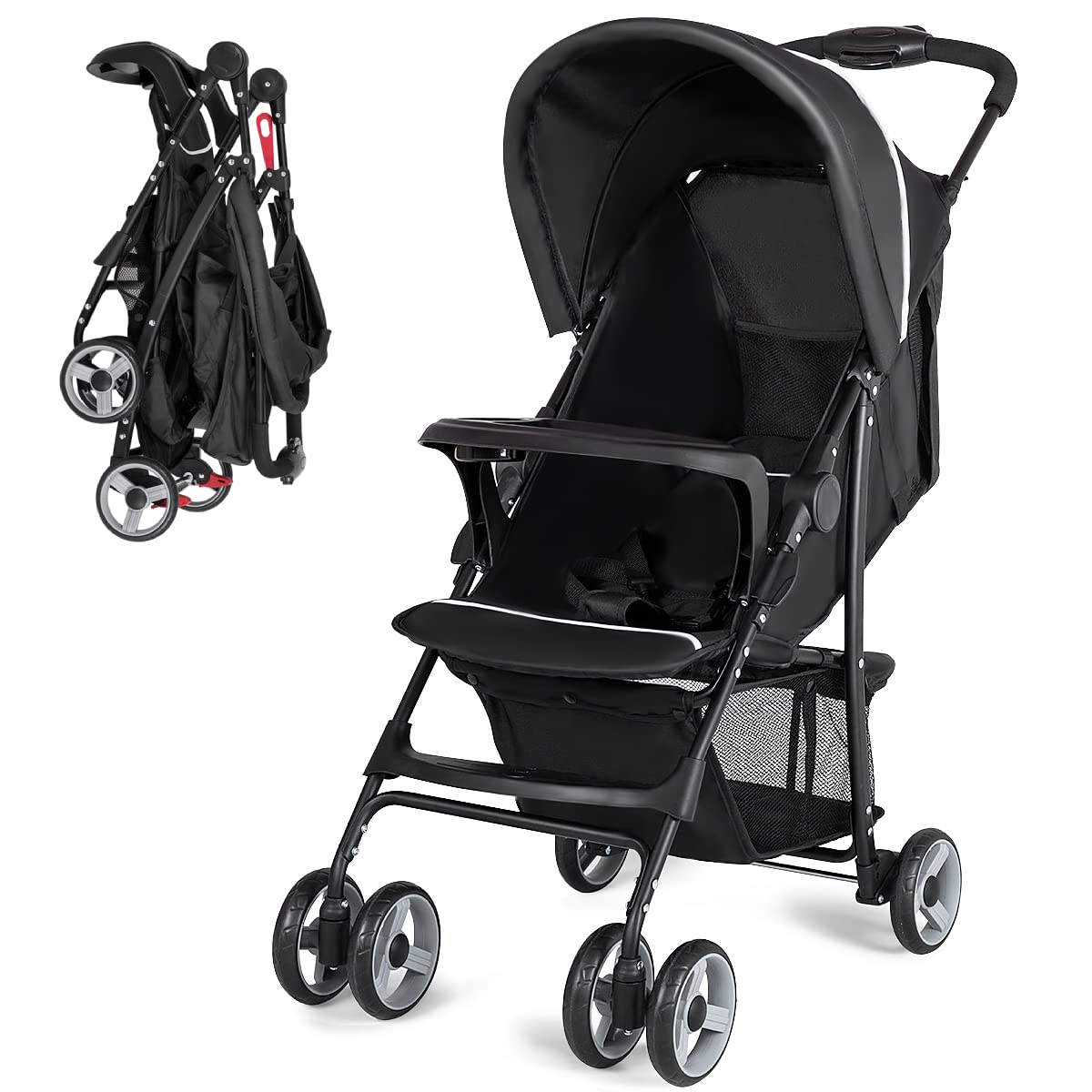 Lightweight Compact Toddler Travel Stroller with Canopy, 5-Point Harness, Storage Basket, One-Hand Fold, Black Y331