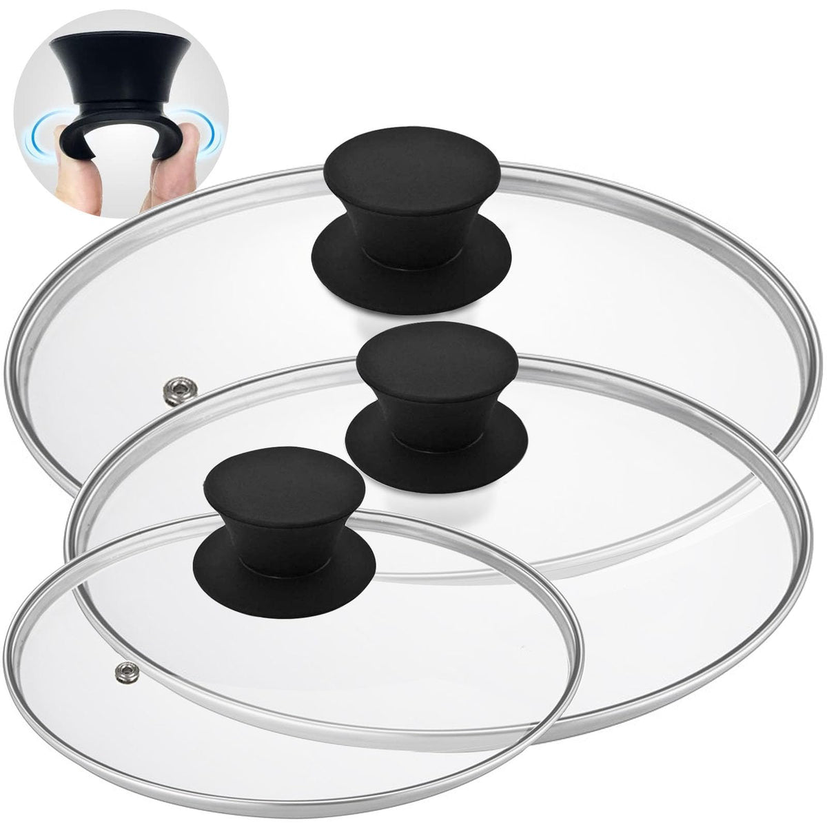 Round Tempered Glass Lid Set with Black Handle, 3 Pieces X699598