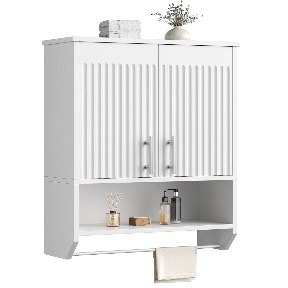 White Fluted Bathroom Wall Cabinet with Towel Rack M431079