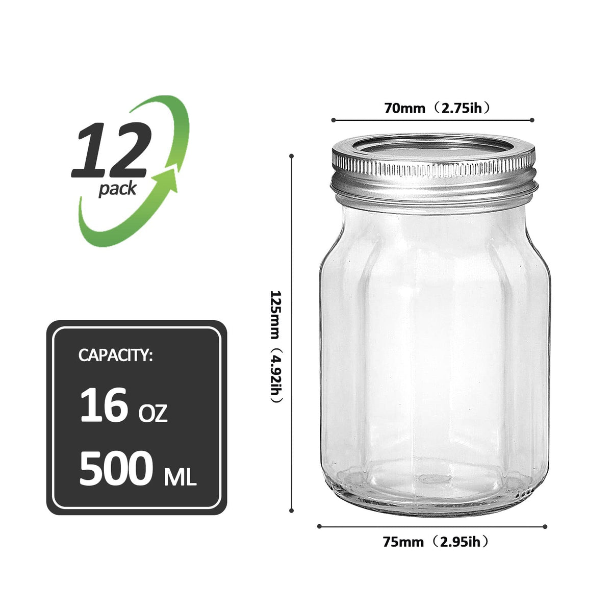 16oz Regular Mouth Mason Jars, 12 Pack with Lids & Bands S278