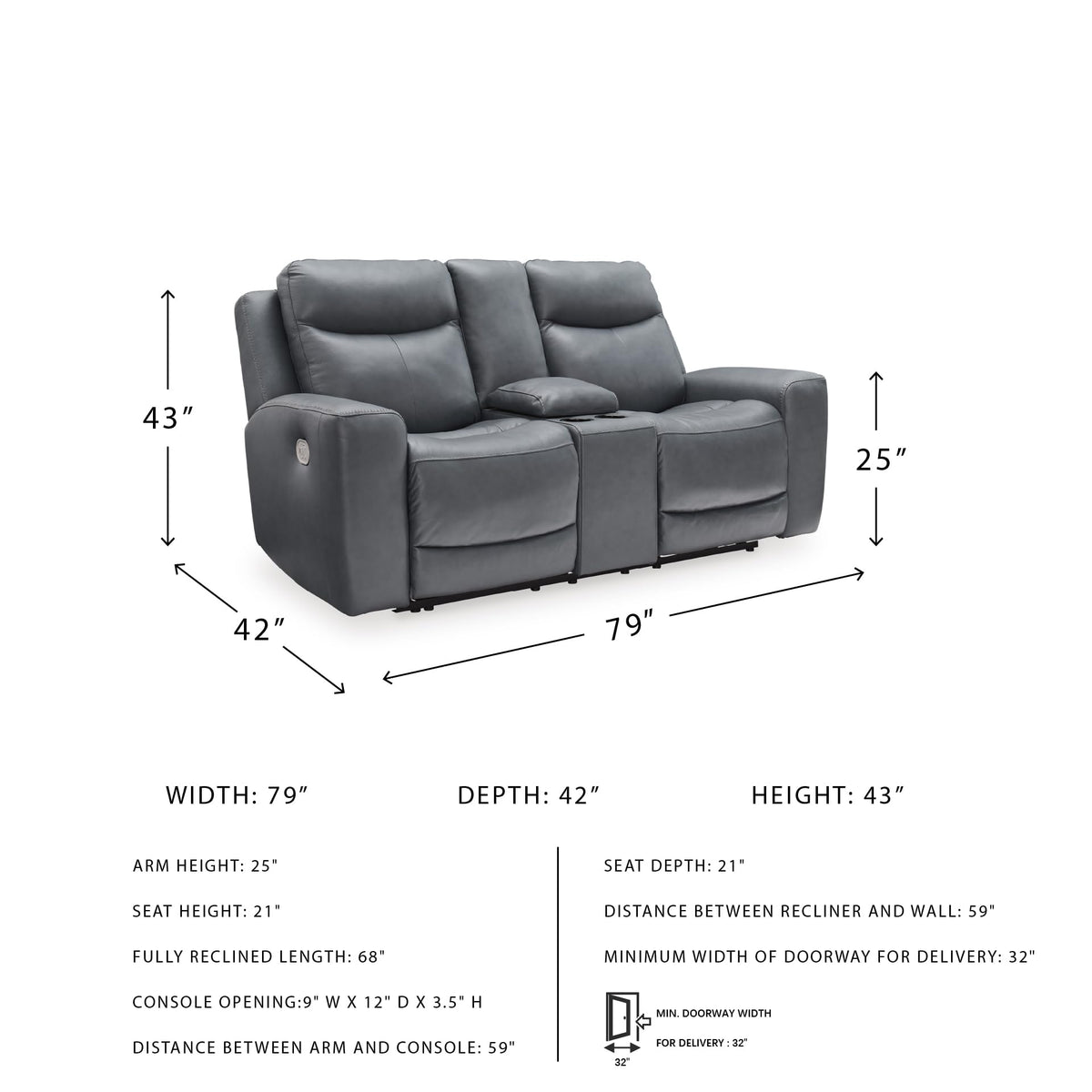 Gray Leather Match Power Reclining Loveseat with Console E48352