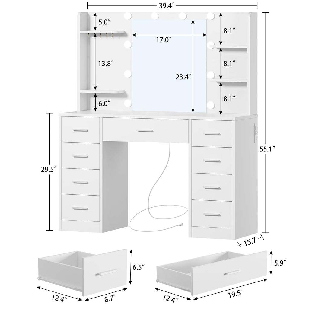 White Vanity Desk with Mirror and Lights, 9 Drawers, Outlet U797736