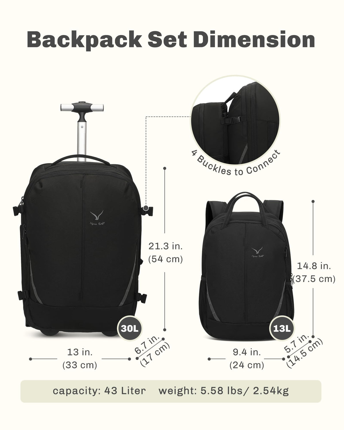 Rolling Backpack with Wheels 43L with Packing Cubes Set 6PC N92672