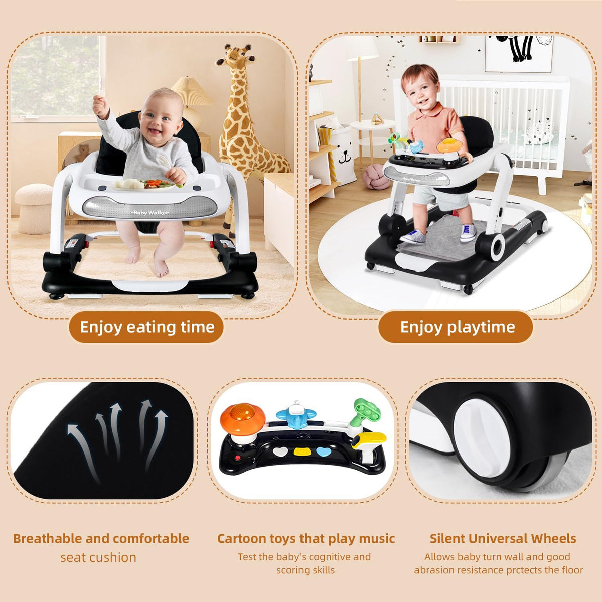 Foldable Adjustable Baby Walker with Wheels and Bouncer M91684
