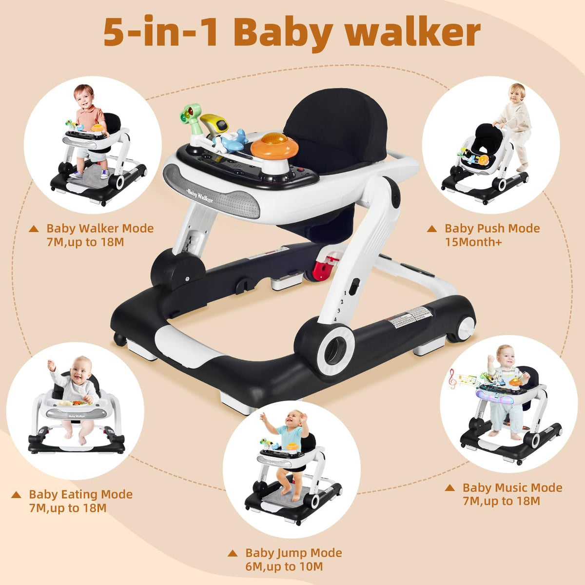 Foldable Adjustable Baby Walker with Wheels and Bouncer M91684