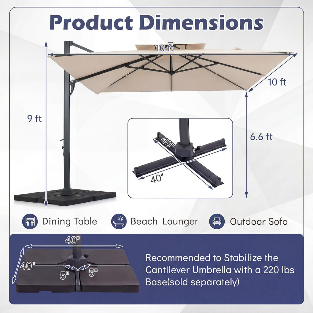 10 FT Square Offset Cantilever Patio Umbrella with 360° Rotation R79802