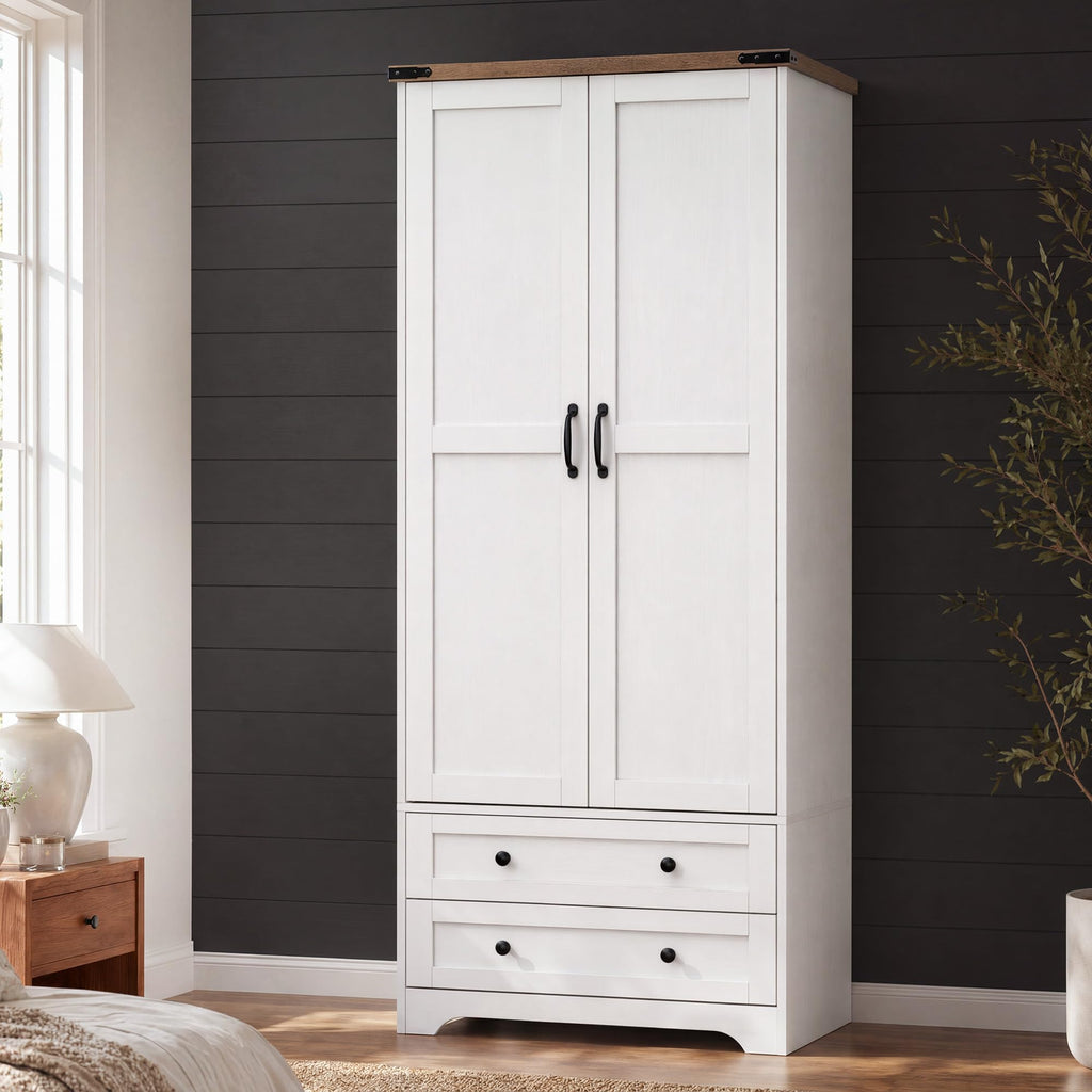 71" White Wooden Armoire Wardrobe Closet with 2 Doors & 2 Drawers C3751