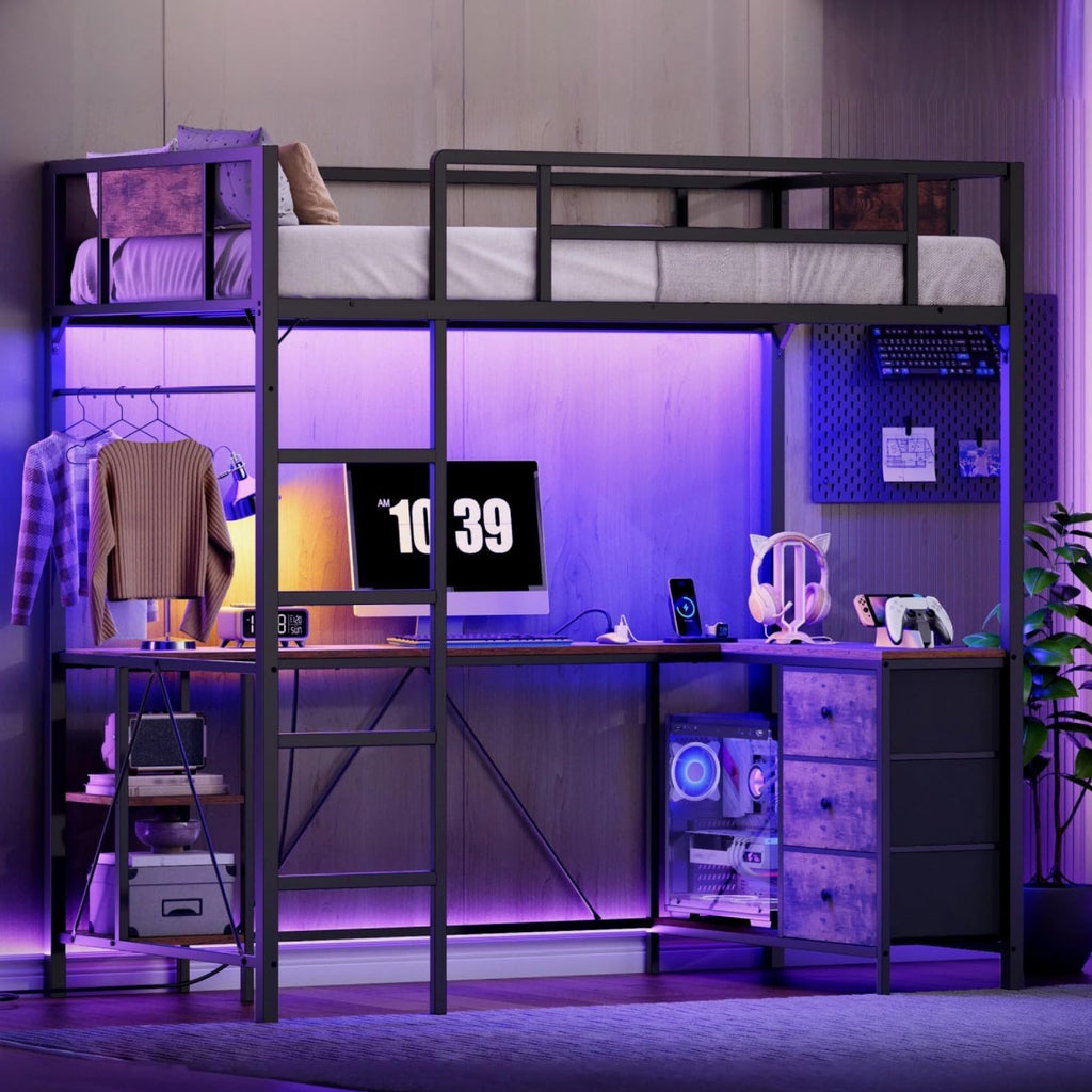 Twin Size Metal Loft Bed with L-Shaped Desk, 3 Storage Drawers, LED Light & Ladder H278