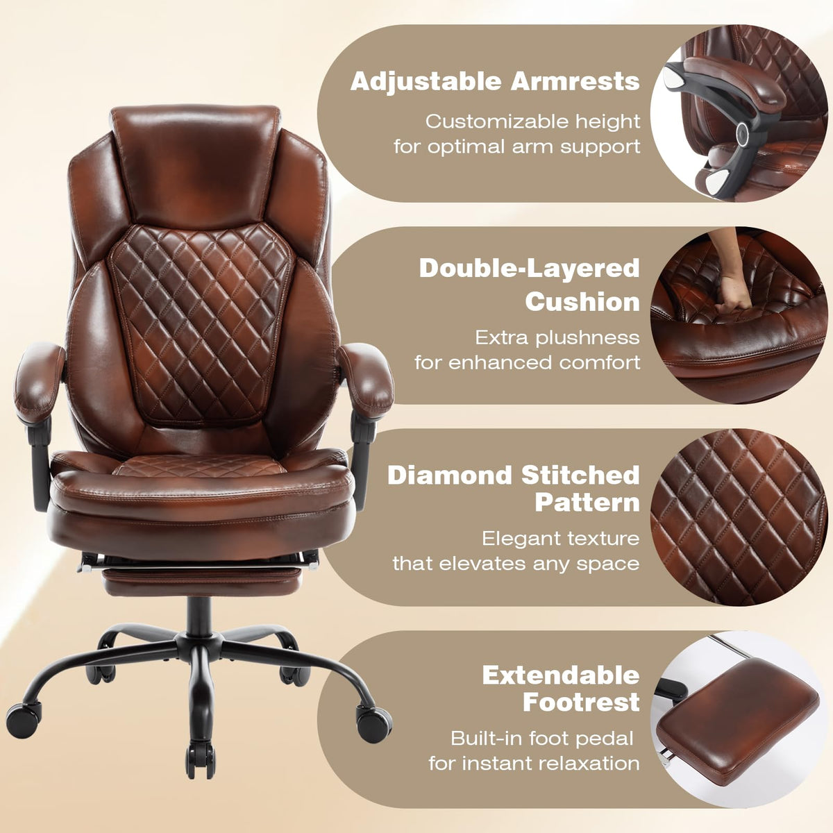Brown Leather Reclining Office Desk Chair with Foot Rest G2498