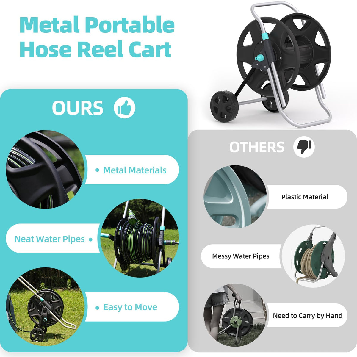 Metal Heavy Duty Garden Hose Reel Cart with Wheels C505448