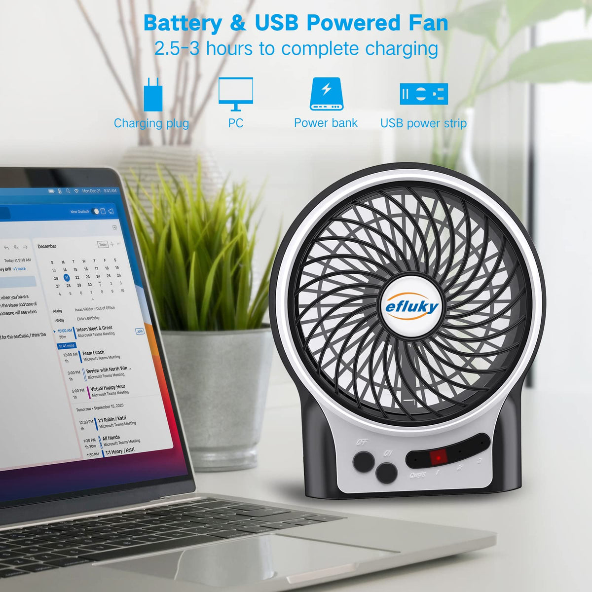 4.9-Inch Mini Desk Fan, 3 Speeds, Rechargeable USB Powered with LED Light, Black I730744