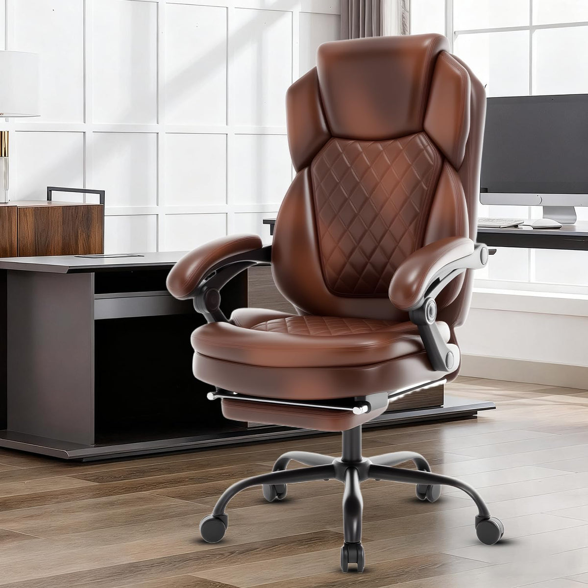 Brown Leather Reclining Office Desk Chair with Foot Rest G2498