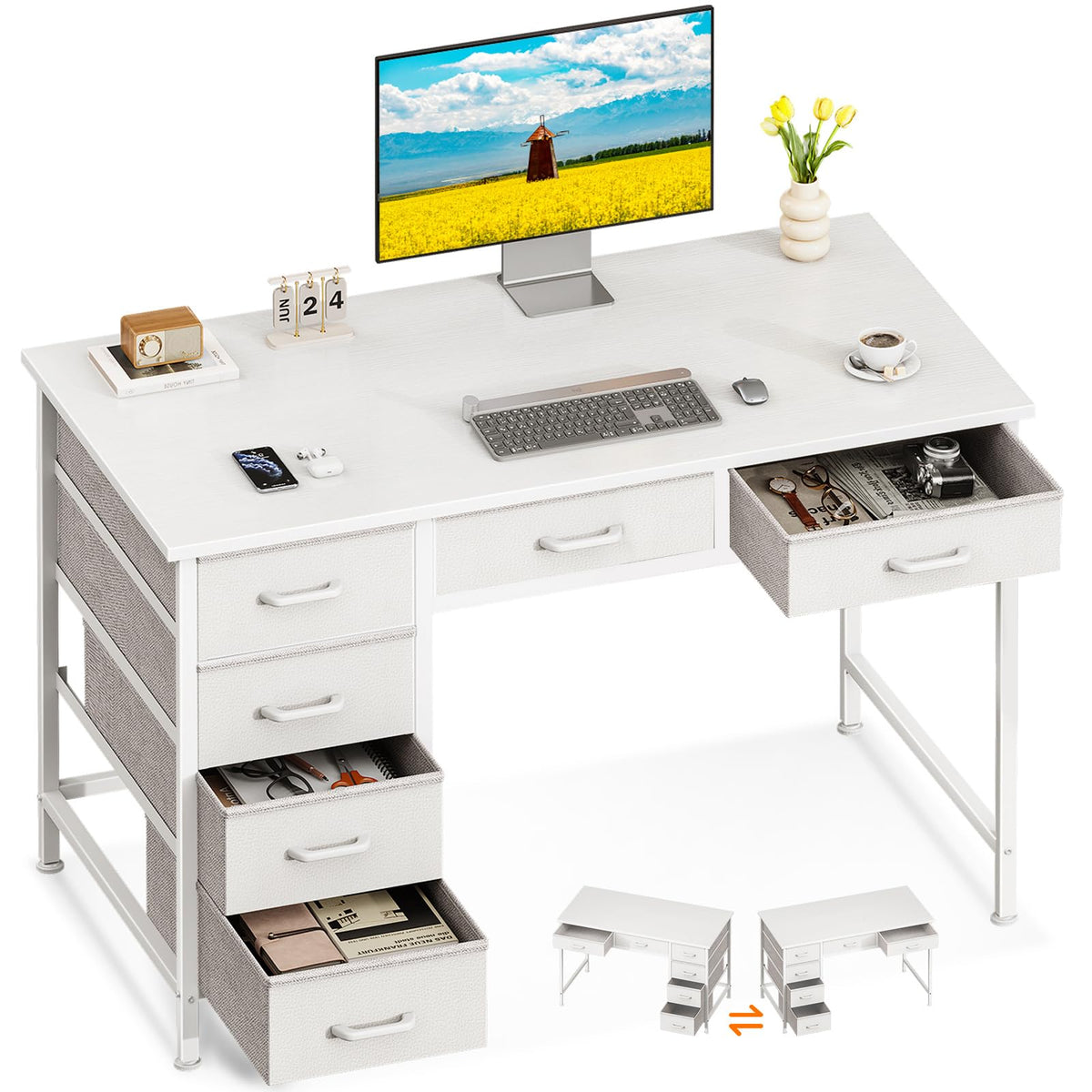White Computer Desk with 6 Drawers H921786