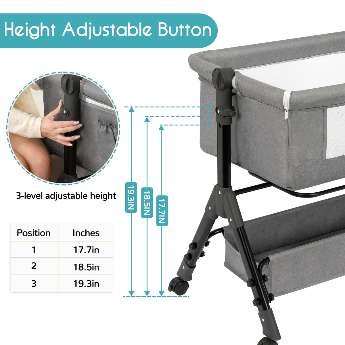 3 in 1 Adjustable Baby Bassinet with Wheels and Storage Basket K6415