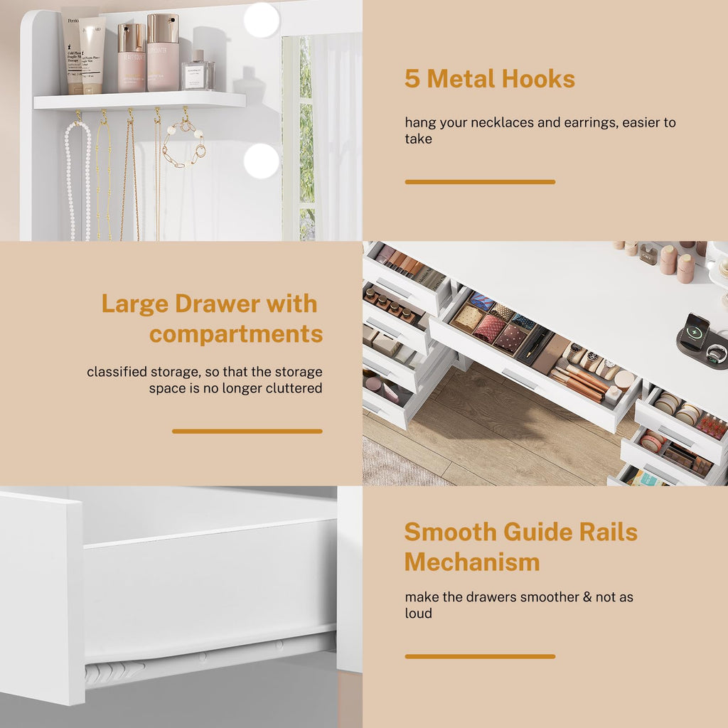 White Vanity Desk with Mirror and Lights, 9 Drawers, Outlet U797736