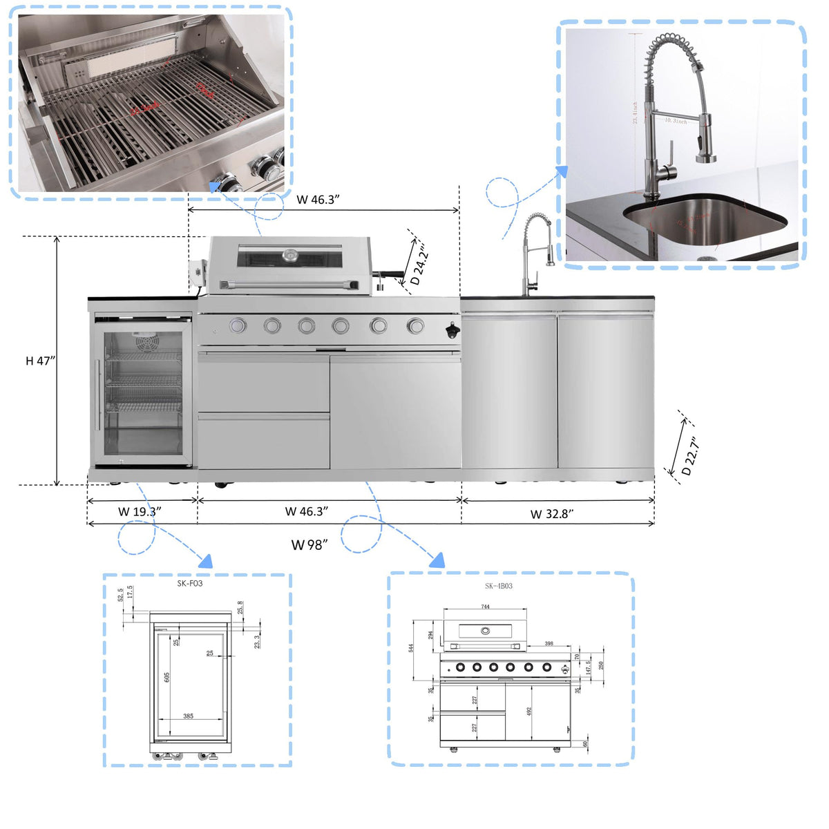 98 Inches 4-Burner Propane Stainless Steel Outdoor Kitchen Island with Refrigerator and Sink I743398