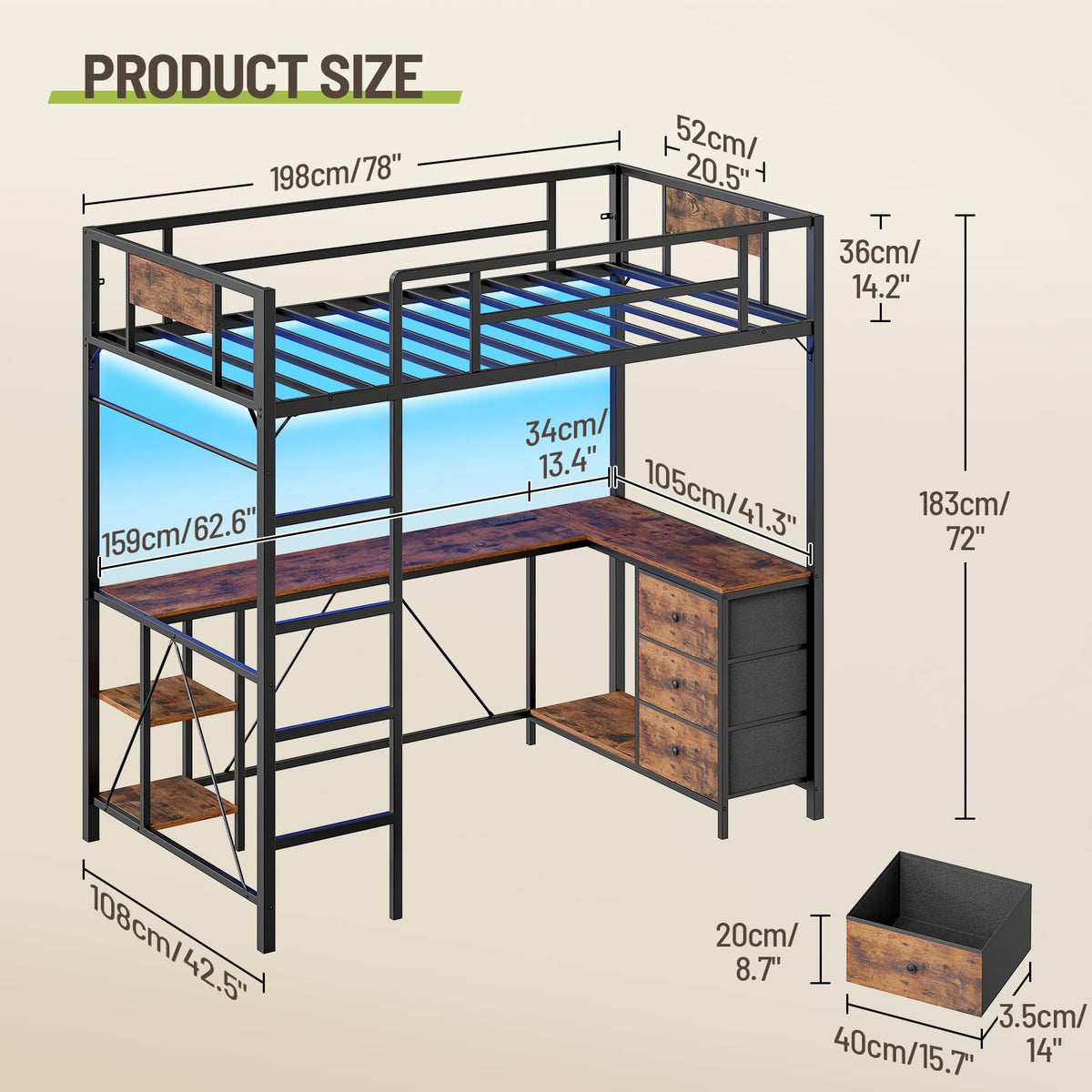 Twin Size Metal Loft Bed with L-Shaped Desk, 3 Storage Drawers, LED Light & Ladder H278
