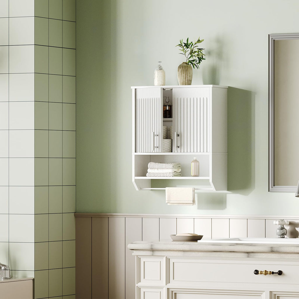 White Fluted Bathroom Wall Cabinet with Towel Rack M431079