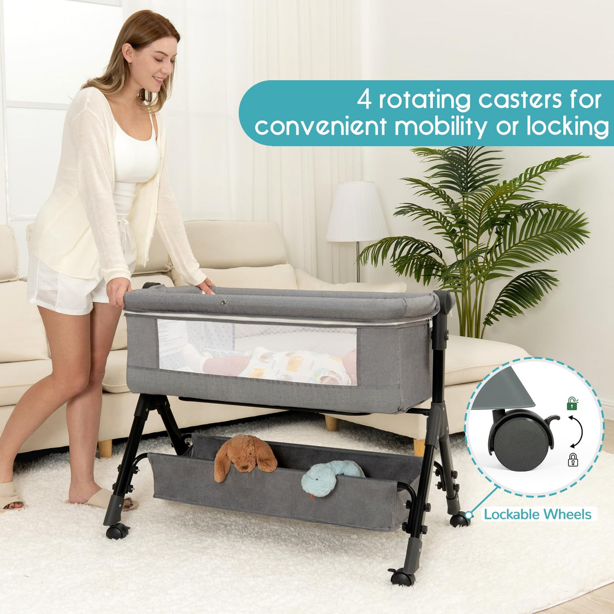 3 in 1 Adjustable Baby Bassinet with Wheels and Storage Basket K6415