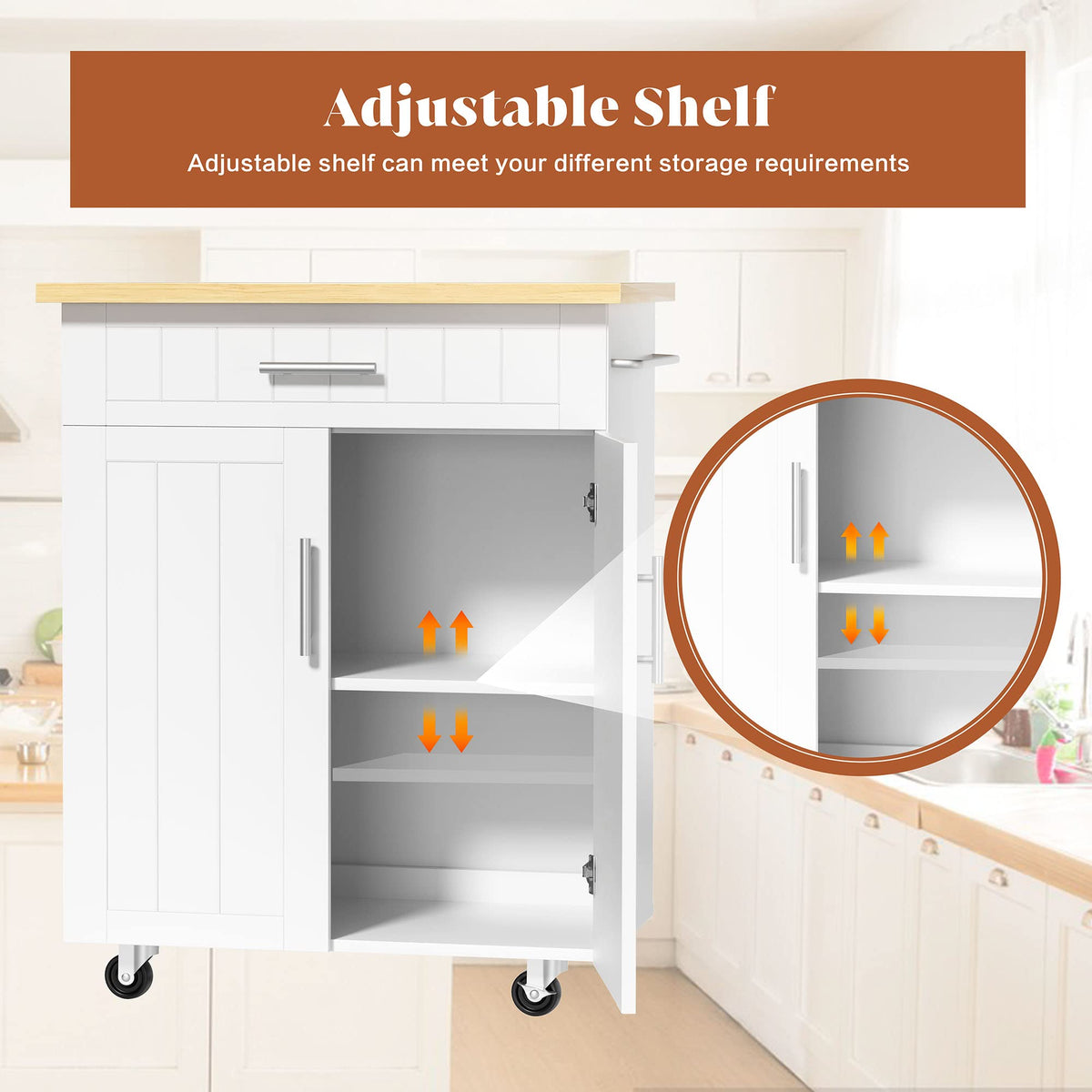 26" Rolling Kitchen Island Cart with Drawer, Shelves, Towel Rack, Lockable Casters, White R38183