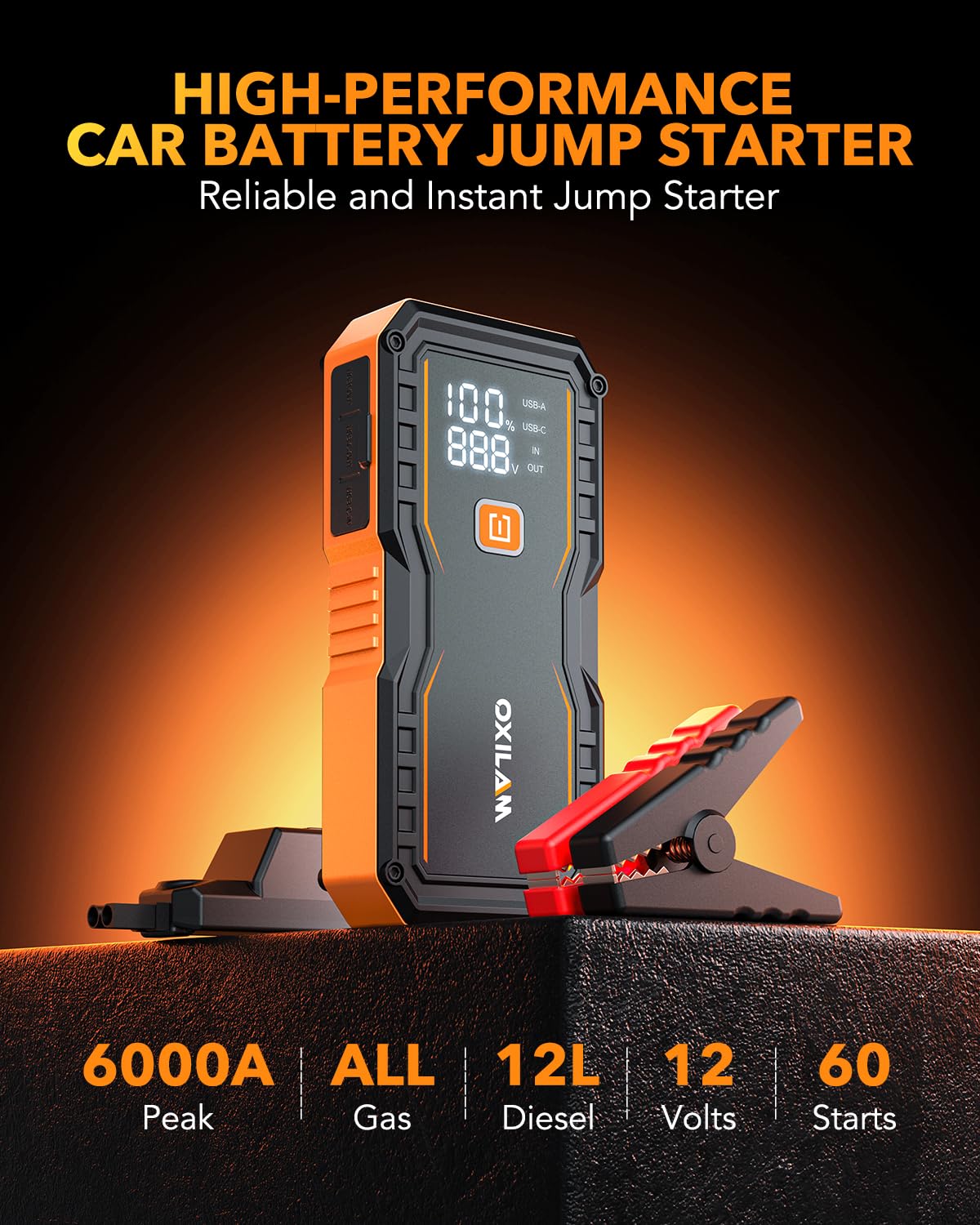 6000A Portable 12V Lithium Jump Starter with Jumper Cables C5541