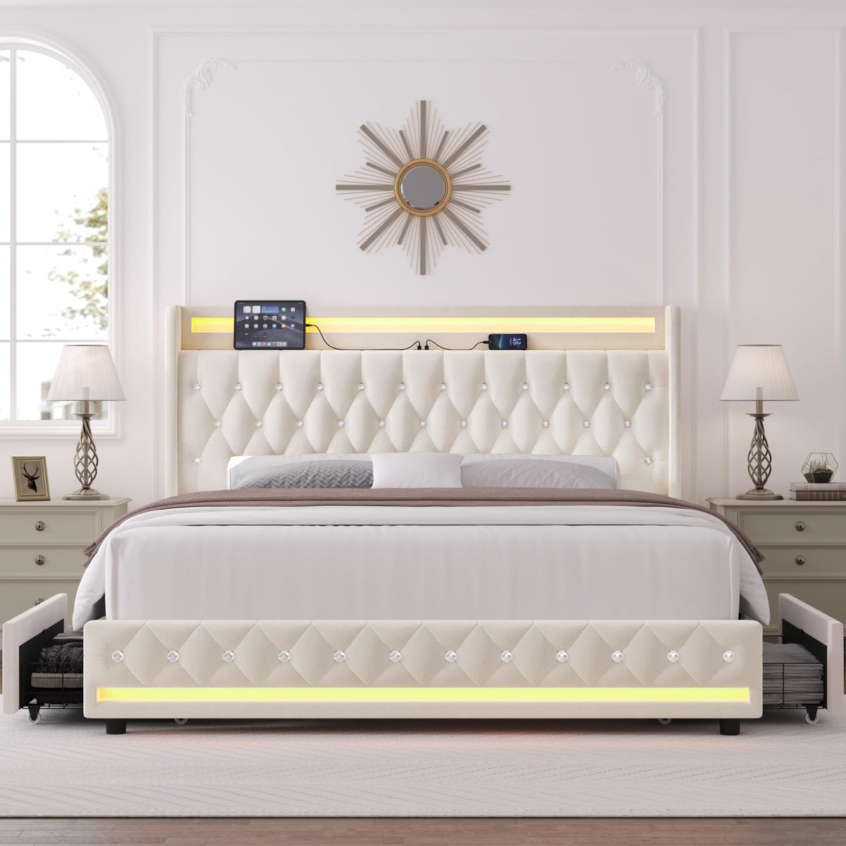 Beige Upholstered Full LED Bed Frame with Storage L387951