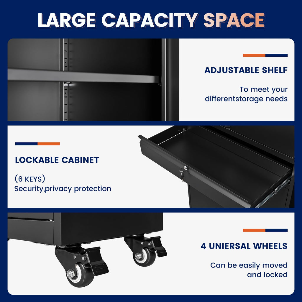 Black Metal Rolling Storage Cabinet with Locking Doors and 1 Drawer O29051
