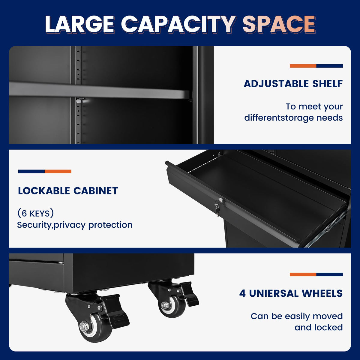 Black Metal Rolling Storage Cabinet with Locking Doors and 1 Drawer O29051