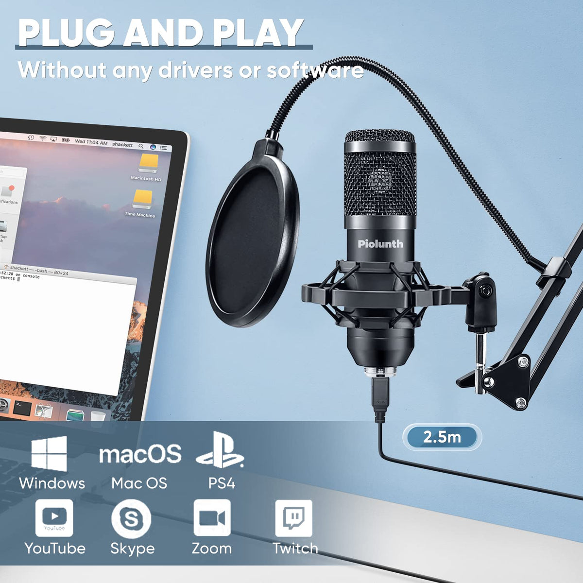 USB Microphone 192kHz/24bit Cardioid Condenser Studio Mic Kit with Boom Arm X978