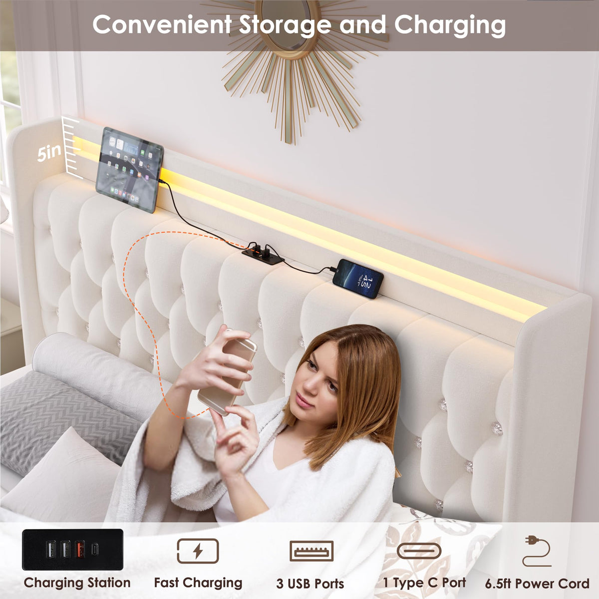 Beige Upholstered Full LED Bed Frame with Storage L387951