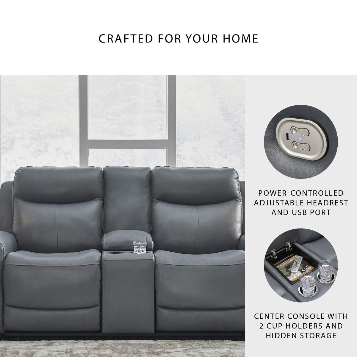 Gray Leather Match Power Reclining Loveseat with Console E48352