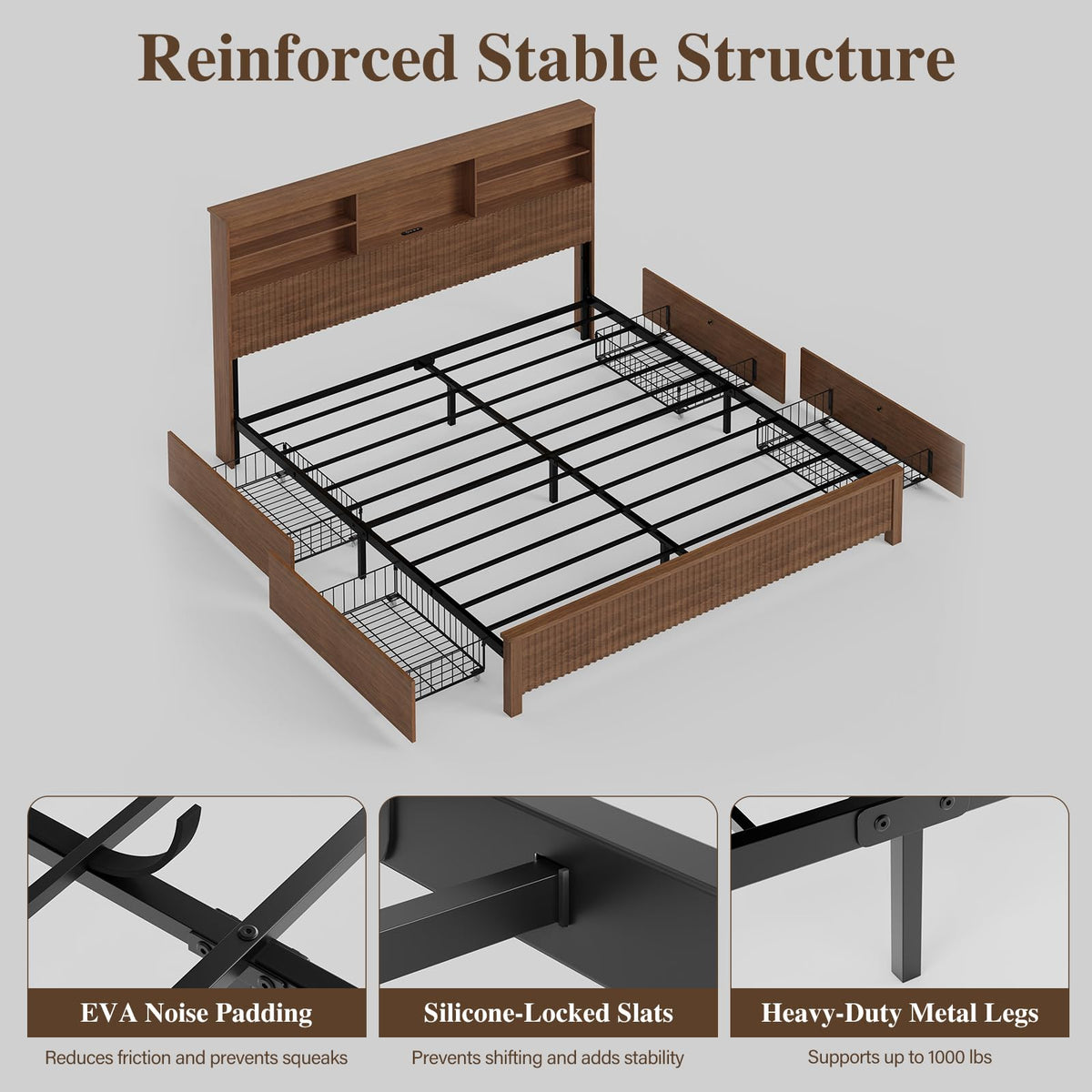 Queen Size Wood Bed Frame with 4 Storage Drawers L784