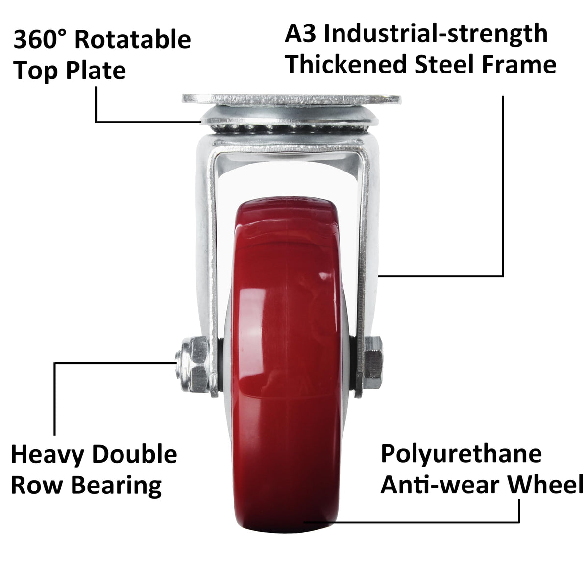 4” Swivel Plate Casters Set of 4 Heavy Duty Polyurethane Wheels Red N674