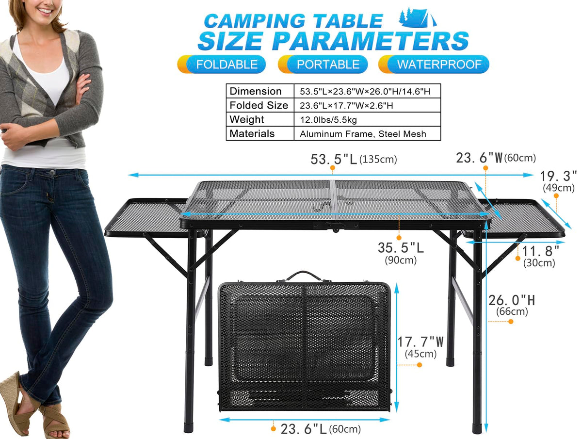Black 4.4 FT Folding Camping Table with 2 Wing Panels O215942