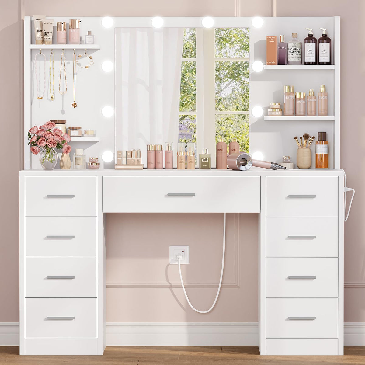 White Vanity Desk with Mirror and Lights, 9 Drawers, Outlet U797736