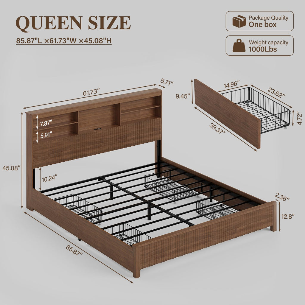 Queen Size Wood Bed Frame with 4 Storage Drawers L784
