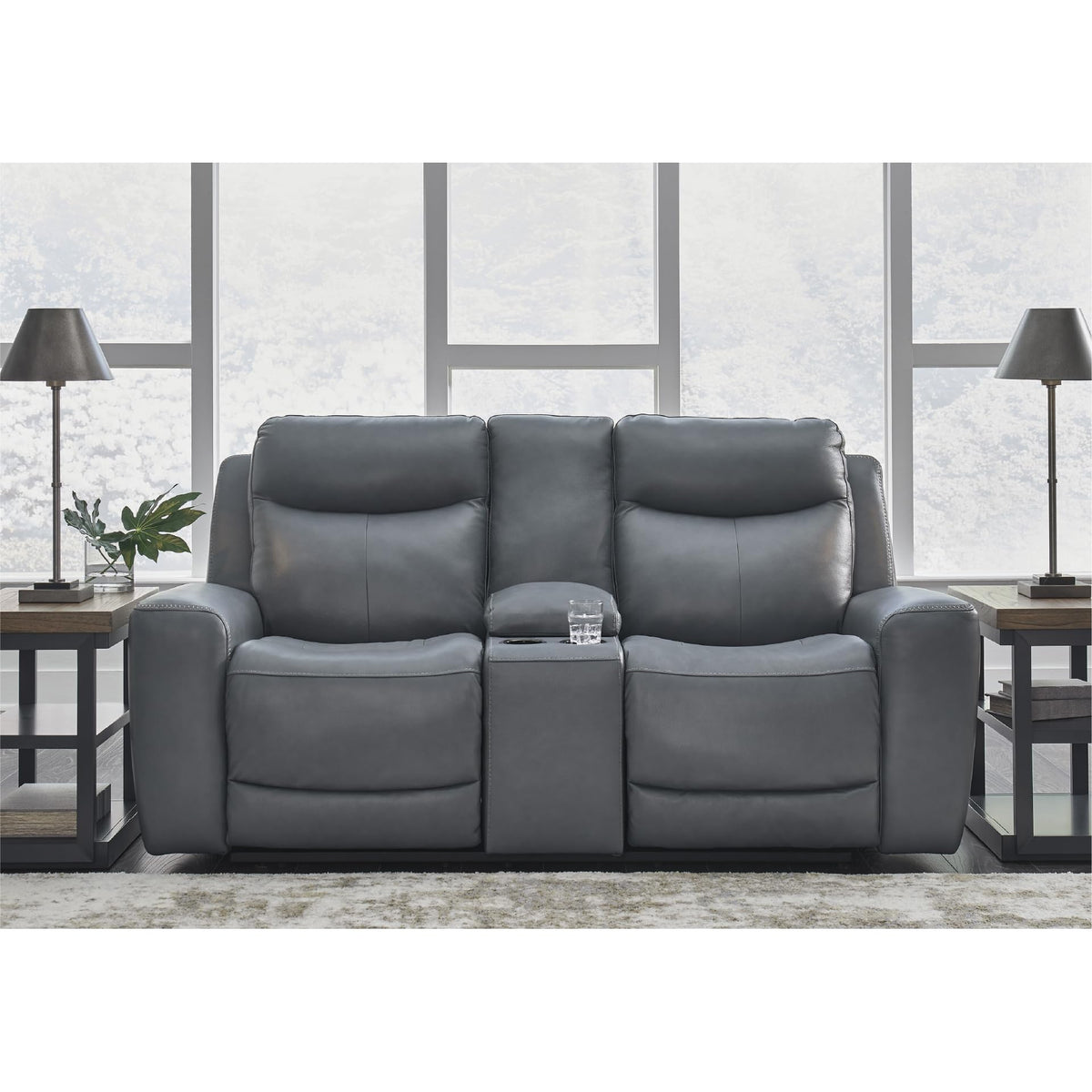 Gray Leather Match Power Reclining Loveseat with Console E48352