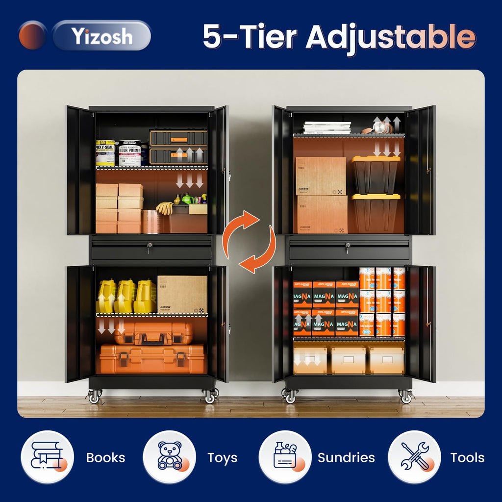 Black Metal Rolling Storage Cabinet with Locking Doors and 1 Drawer O29051