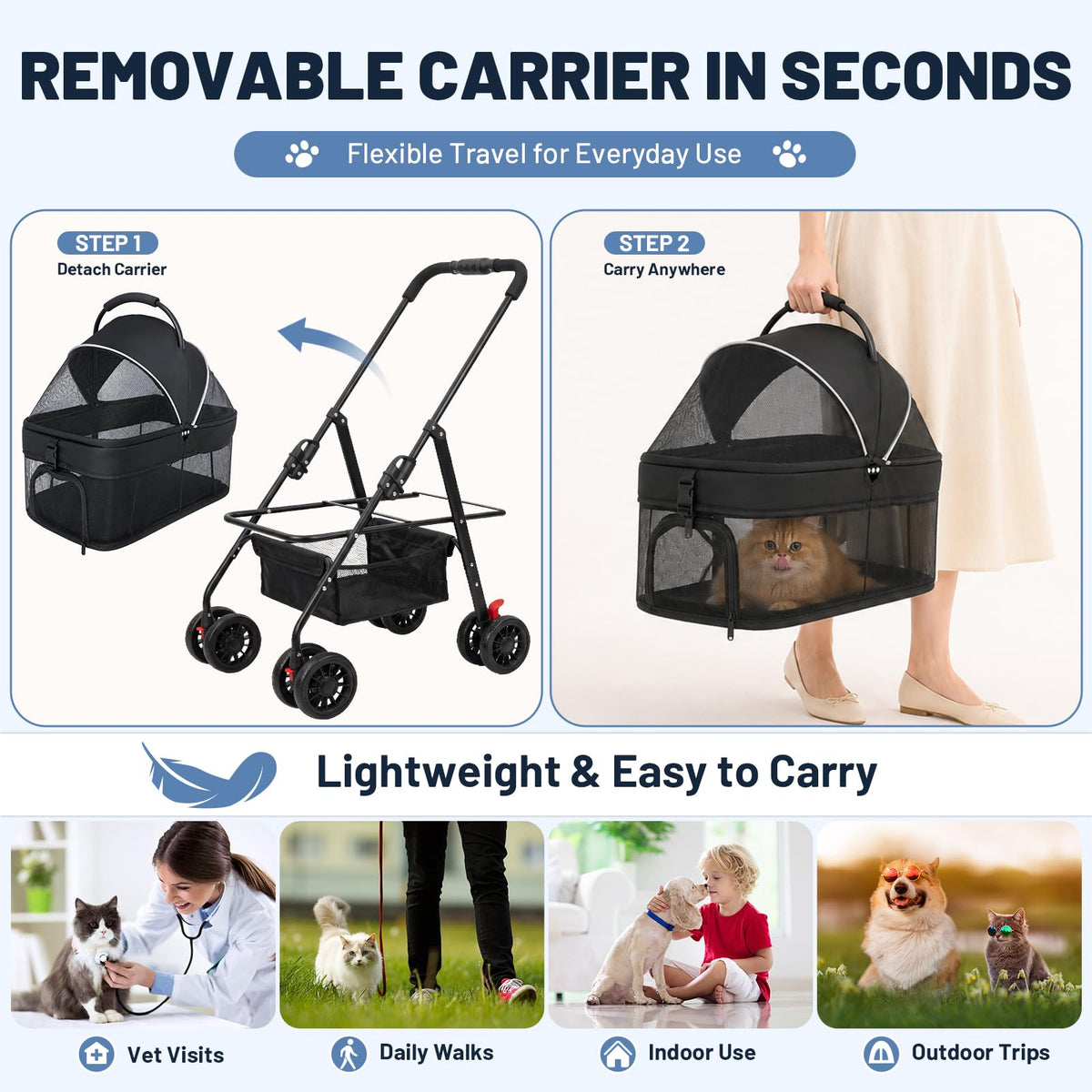 Foldable Pet Stroller with Detachable Carrier G81830