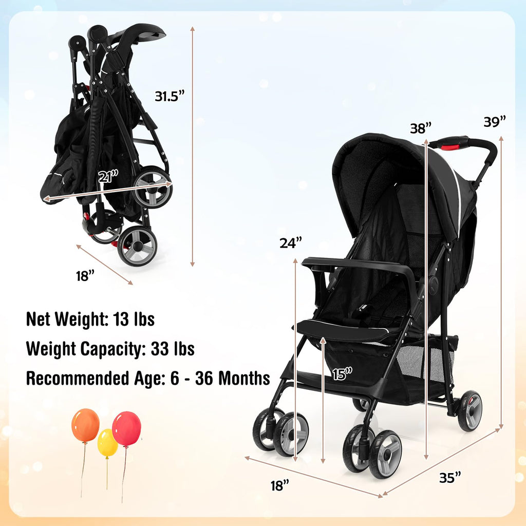 Lightweight Compact Toddler Travel Stroller with Canopy, 5-Point Harness, Storage Basket, One-Hand Fold, Black Y331