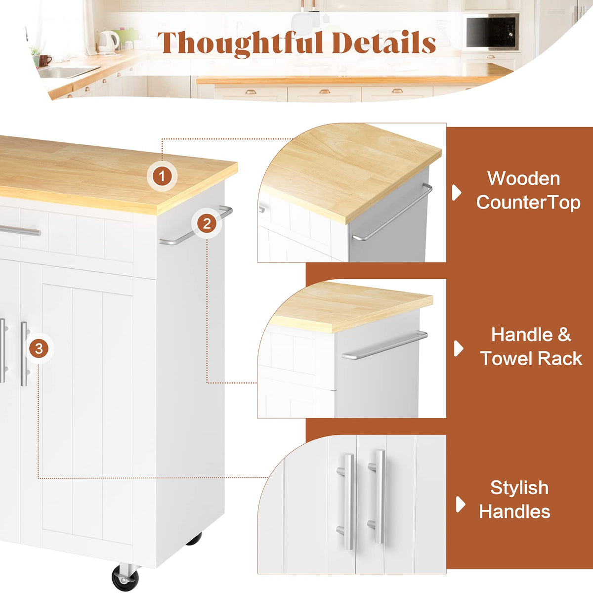 26" Rolling Kitchen Island Cart with Drawer, Shelves, Towel Rack, Lockable Casters, White R38183