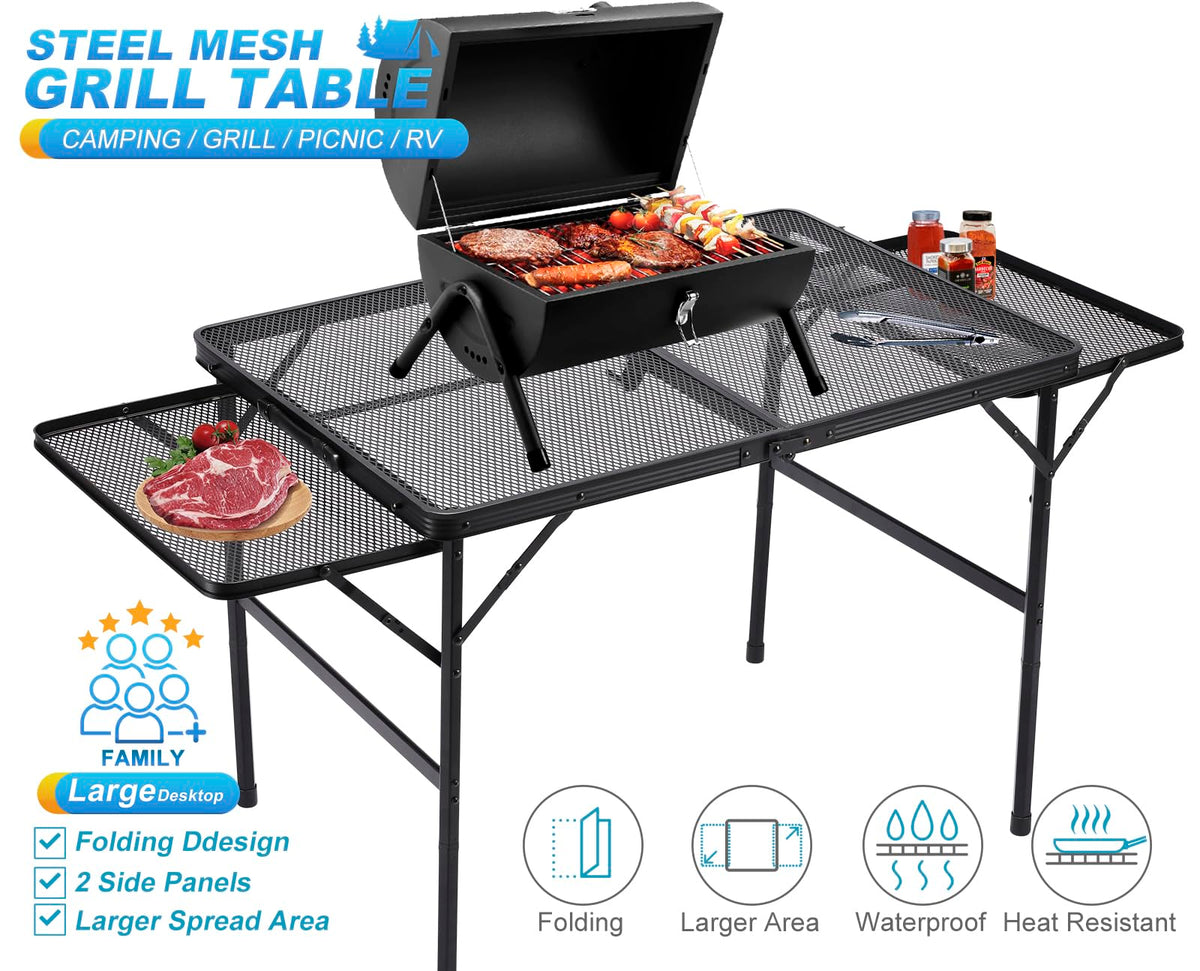Black 4.4 FT Folding Camping Table with 2 Wing Panels O215942