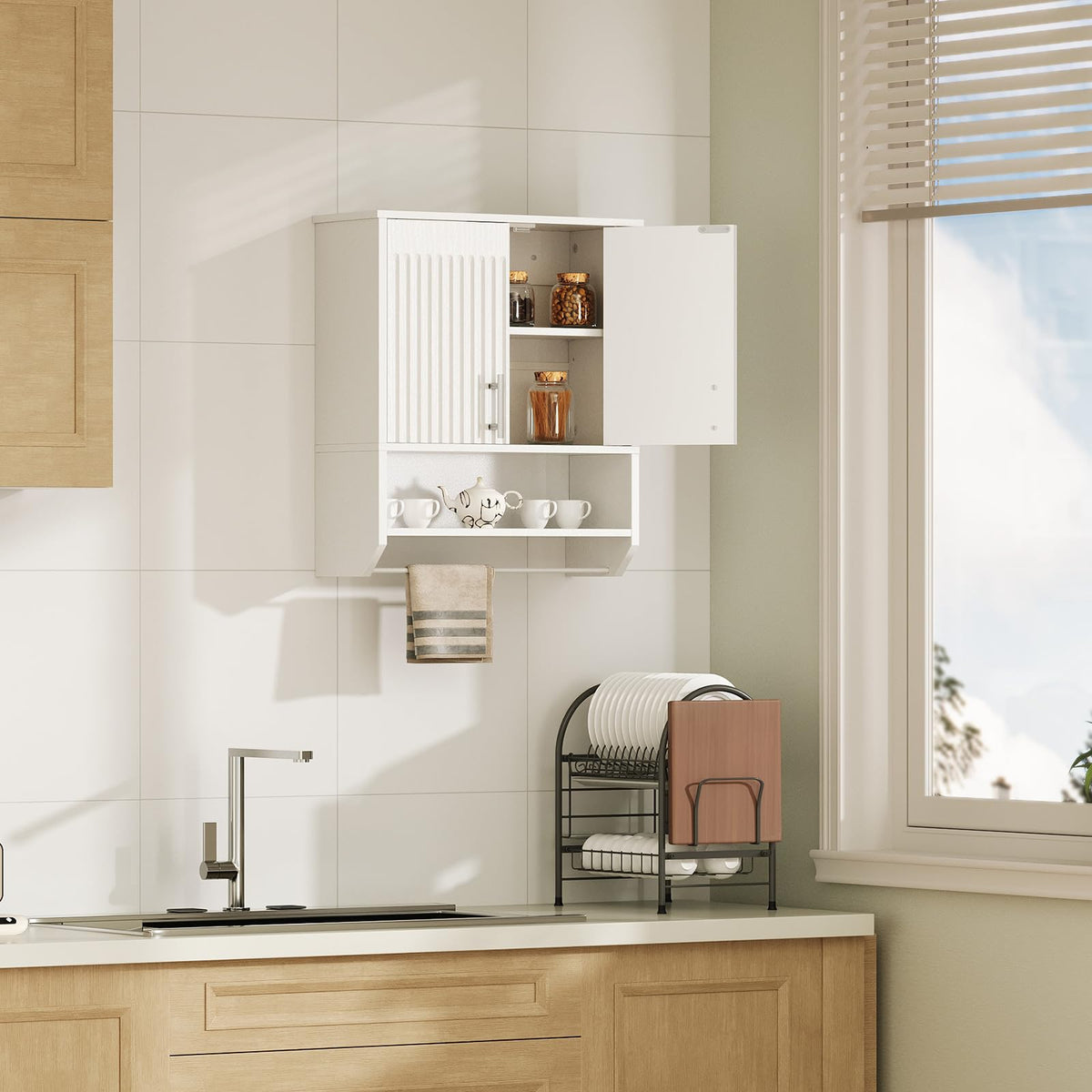 White Fluted Bathroom Wall Cabinet with Towel Rack M431079