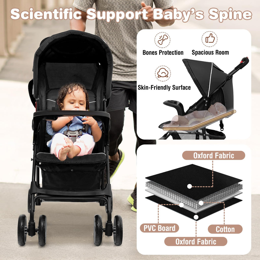 Lightweight Compact Toddler Travel Stroller with Canopy, 5-Point Harness, Storage Basket, One-Hand Fold, Black Y331