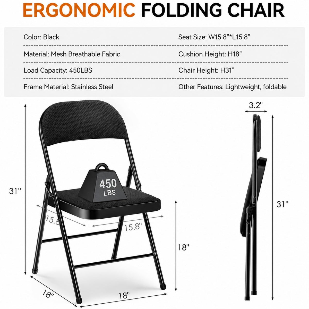 Folding Chairs with Cushion 10 Pack Black E4385
