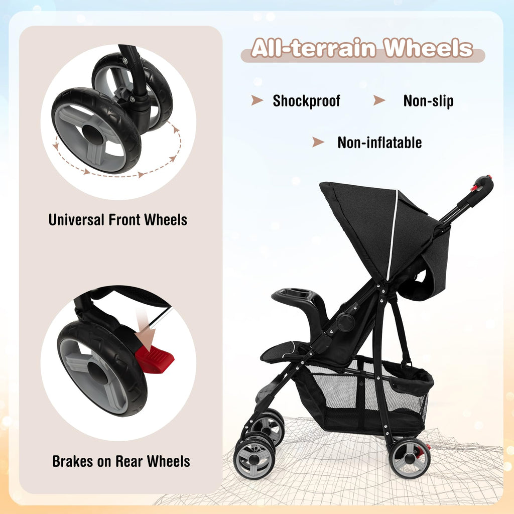 Lightweight Compact Toddler Travel Stroller with Canopy, 5-Point Harness, Storage Basket, One-Hand Fold, Black Y331