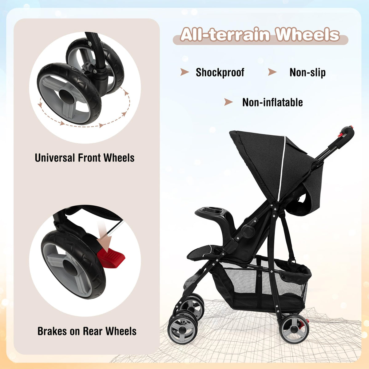 Lightweight Compact Toddler Travel Stroller with Canopy, 5-Point Harness, Storage Basket, One-Hand Fold, Black Y331